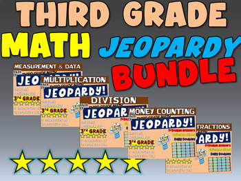 Preview of Third Grade MATH JEOPARDY BUNDLE Multiply-Divide-Count Money-Fractions-Measuring