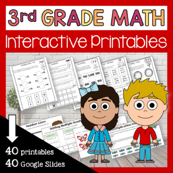 Preview of Third Grade Math 40 Interactive Printables + 40 Google Slides | Math Skills