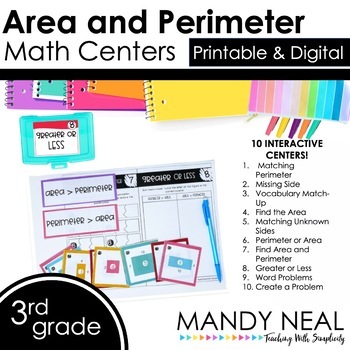 Preview of Third Grade Digital & Printable Math Centers Area and Perimeter