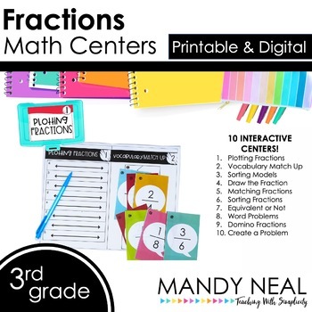 Preview of Third Grade Digital & Printable Math Centers Fractions