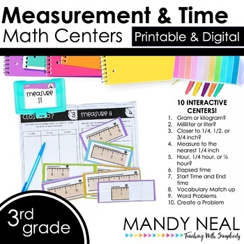 Preview of Third Grade Digital & Printable Math Centers Measurement and Time