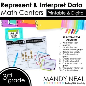 Preview of Third Grade Digital & Printable Math Centers Represent & Interpret Data