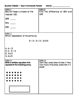 Third Grade Math Homework Packets Florida Standards (MAFS) 2nd Quarter