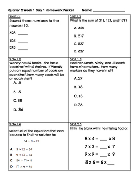 Preview of Third Grade Math Homework Packets Florida Standards (MAFS) 2nd Quarter