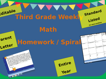 Preview of Third Grade Math Homework /Daily Math Review (Spiral) Entire Year - Common Core
