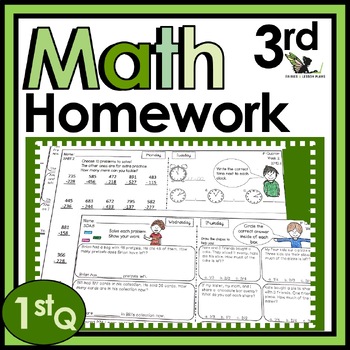 Preview of Third Grade Weekly Math Homework Worksheets and Spiral Review Activities - 1st Q