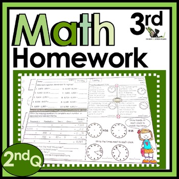 Preview of Third Grade Weekly Math Homework Worksheets and Spiral Review Activities - 2nd Q