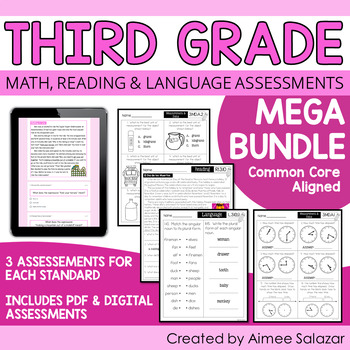 Preview of Third Grade Math, Reading, & Language Assessments MEGA Bundle/Distance Learning