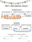 Third Grade Math Reference Sheet for Multiplication and Division