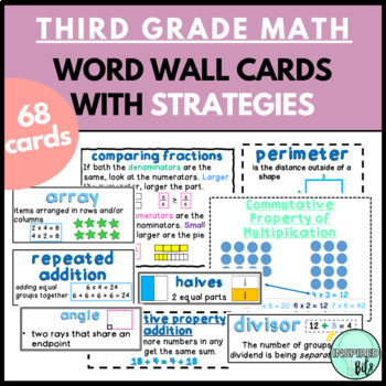 Preview of Third Grade Math Word Wall Cards (Blue Themed) A YEAR-LONG BUNDLE!