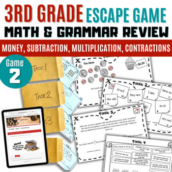 Preview of Third Grade Math and Grammar review | Digital Escape Room | Game 2