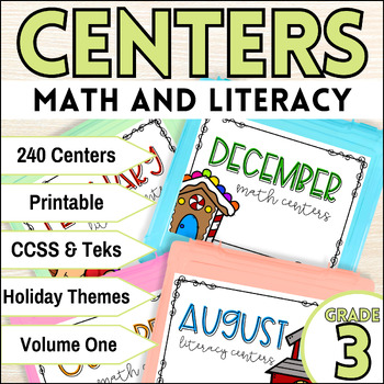 Preview of Third Grade Math Centers and Literacy Centers Hands On Activities with Holidays