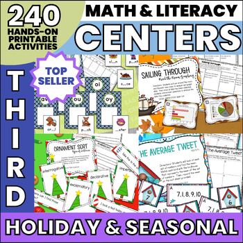 Preview of Third Grade Math Centers and Literacy Centers Hands On Activities with Holidays