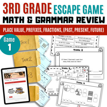 Preview of Third Grade Mixed Math and Grammar Review | Digital Escape Room | Game 1