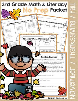 Preview of Third Grade November / Thanksgiving No Prep Math and Literacy Common Core Packet