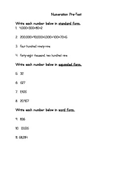 third grade numerationplace value pre test by amy wassel