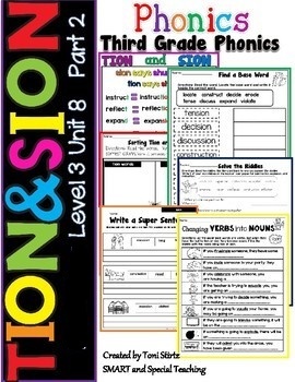 Preview of Third Grade Phonics Level 3 Unit 8 Part 2 (Tion and Sion Worksheets )