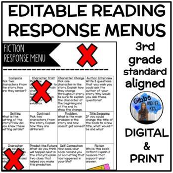Preview of Third Grade Reading Response Menus - Editable
