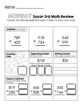 Third Grade Saxon Math Weekly Review Worksheets by Little Learning Lane