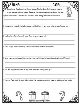 Christmas Sentence Corrections Worksheets for 3rd Grade | TPT