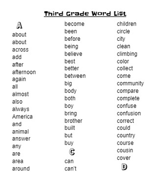 Preview of Third Grade Sight Word List