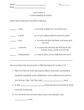 Preview of Third Grade Social Studies: Unit 1 Lesson 2 Guided Reading Worksheet