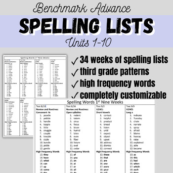 Preview of Third Grade Spelling Lists Benchmark Advance Units 1-10