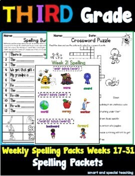 Preview of Third Grade Spelling Packets Orton Gillingham Weeks 17-31 Bundle (RTI)