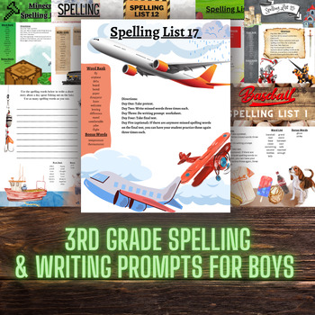 Preview of Third Grade Printable Spelling Worksheets and Writing Prompts for Boys