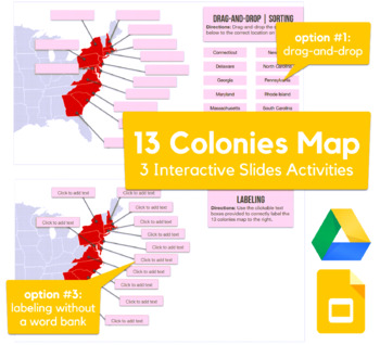 Preview of Thirteen / 13 Colonies - drag-and-drop, labeling activity in Slides