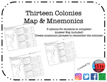 Preview of Thirteen Colonies Map & Mnemonics (13 Colonies)