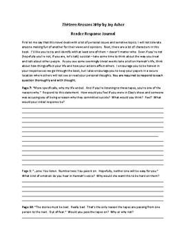 Preview of Thirteen Reasons Why Reader Response Journal
