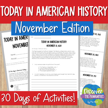 Preview of Today in US History Nov Bell Ringer w Interactive Journal + Bulletin Board Décor