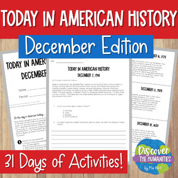 Preview of Today in US Dec History Bell Ringer w Interactive Journal + Bulletin Board Décor
