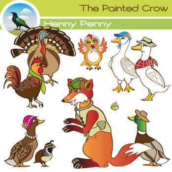 Preview of Henny Penny Clipart Set includes all 9 Chicken Little characters + acorn.