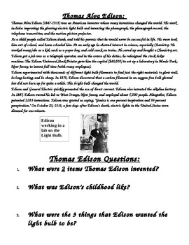 Preview of Thomas Edison Biography and 5 questions
