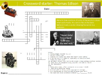 Thomas Edison Crossword Puzzle Sheet Keywords Famous Scientist Science