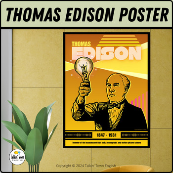 Preview of Thomas Edison Poster Art Print for Science/Math/ELA Classroom Decor, PNG Digital