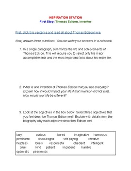 Preview of Thomas Edison: Reading Comprehension, Interpreting Timelines, Writing Responses
