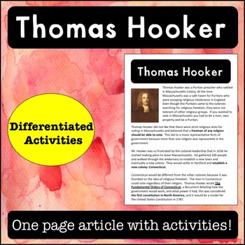 Preview of Thomas Hooker Reading Passage and Activities