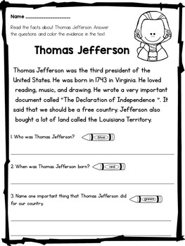Thomas Jefferson Reading Passages and Activities by Dana's Wonderland