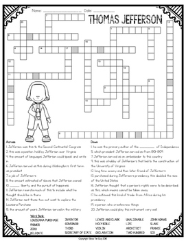 Thomas Jefferson Crossword Comprehension Puzzle by Bow Tie Guy and Wife