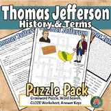 Thomas Jefferson Crossword Puzzle, CLOZE Worksheet, and Wo