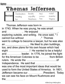 Preview of Thomas Jefferson Fill in the blank