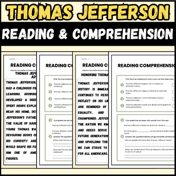 Preview of Thomas Jefferson Reading Comprehension Passages | 1st to 3rd Grade students