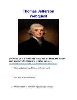 Preview of Thomas Jefferson Webquest With Answer Key!