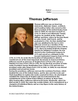 Preview of Thomas Jefferson Worksheet