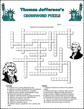 Preview of Thomas Jefferson's Crossword Puzzle Worksheet Activity (3rd, 4th, 5th, 6th Grade