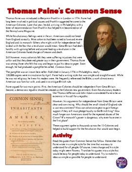 Preview of Thomas Paine Common Sense Reading Worksheet Activity for 13 Colonies