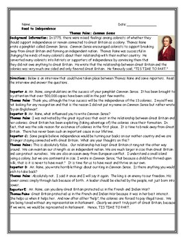 Thomas Paine Common Sense Interview Worksheet with Questions and Answer Key